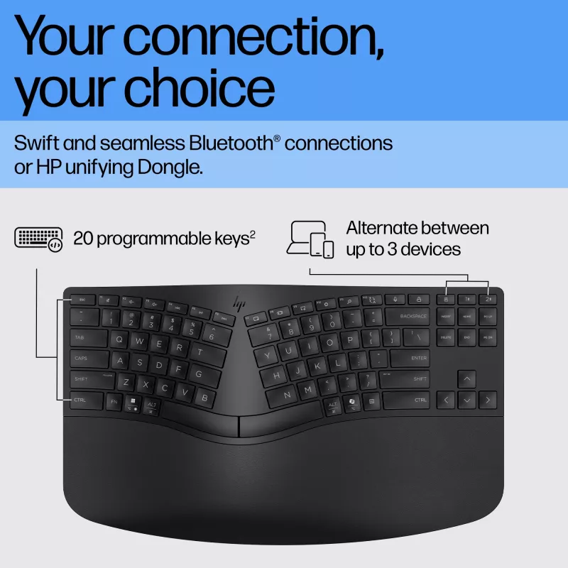 HP 965 Ergonomic Wireless Tastatur, Full-size (100%), Wireless, RF Wireless + Bluetooth, Membrane, Schwarz