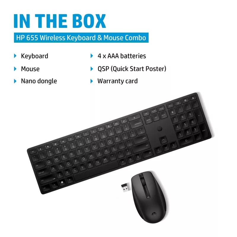 HP 655 Wireless Tastatur and Maus Combo, Schwarz, Maus im Lieferumfang enthalten
