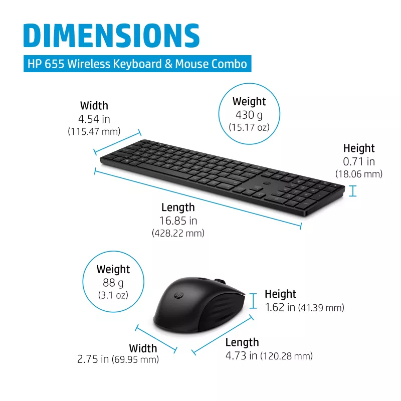HP 655 Wireless Tastatur and Maus Combo, Schwarz, Maus im Lieferumfang enthalten