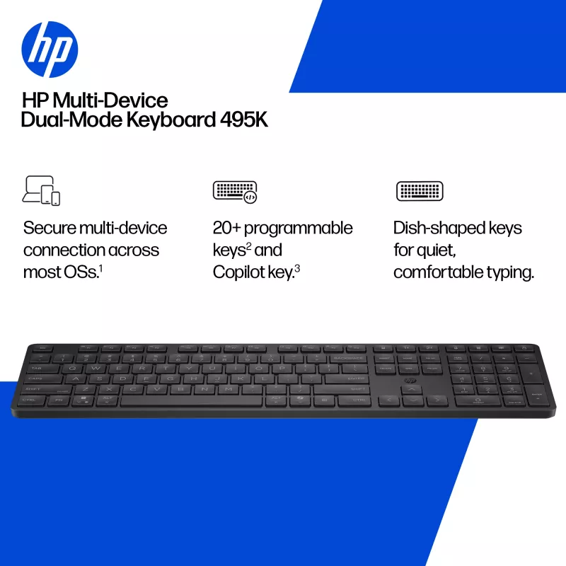 HP 495K Multi-Device Dual-Mode-Tastatur, Full-Size (100 %), kabellos, USB + Bluetooth, Schwarz