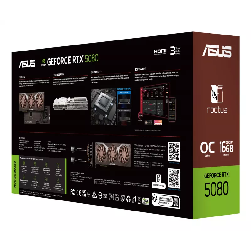 Grafikkarte ASUS GeForce RTX 5080 16 GB GDDR7, PCIe 5.0, 256-Bit, 385×80×151 mm, 3 Lüfter, 16-Pin-Stromanschluss