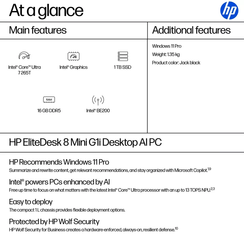 Mini PC HP EliteDesk 8 Mini G1i AI — Intel Core Ultra 7 265T, 16 GB DDR5, 1 TB SSD, Windows 11 Pro, Schwarz
