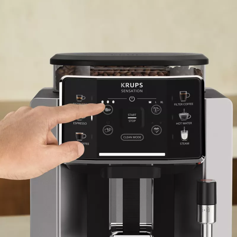 Espressomaschine KRUPS Sensation EA910E — vollautomatisch, 1,7 l Wassertank, integriertes Mahlwerk, 2 Ausläufe, 1450 W