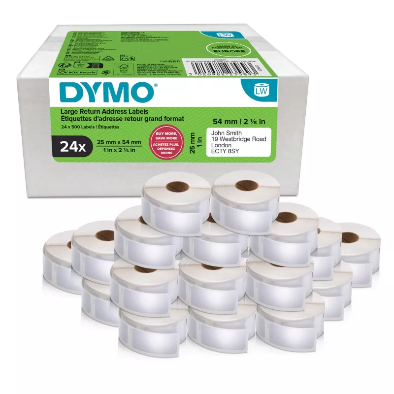 Labelrollen Dymo 2223589 – weiße Papieretiketten 5,4 × 2,5 cm, 500 Etiketten/Rolle, 12000 Etiketten/Packung, FSC