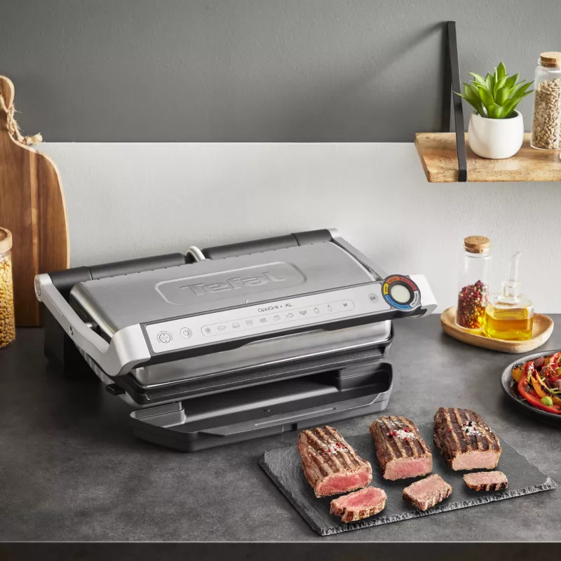Kontaktgrill Tefal Optigrill+ XL GC727D10 — 2000 W, rechteckiges Metallgehäuse, 445×365×175 mm