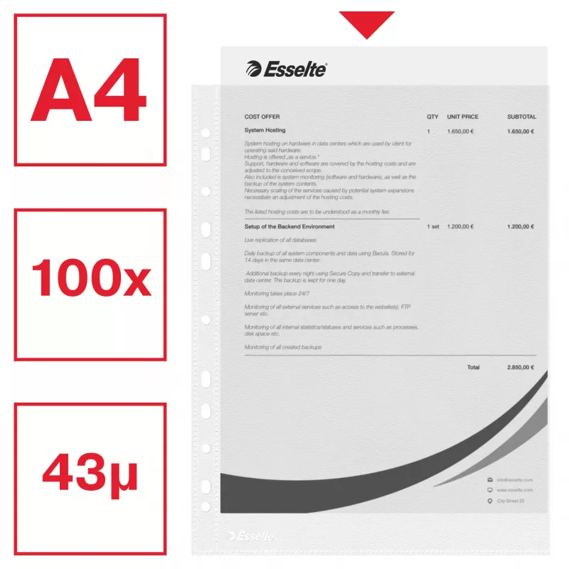 Esselte Klarsichthüllen A4 – Economy –, 210 x 297 mm (A4), Transparent, Polypropylen (PP), Hochformat, Oben, 230 mm