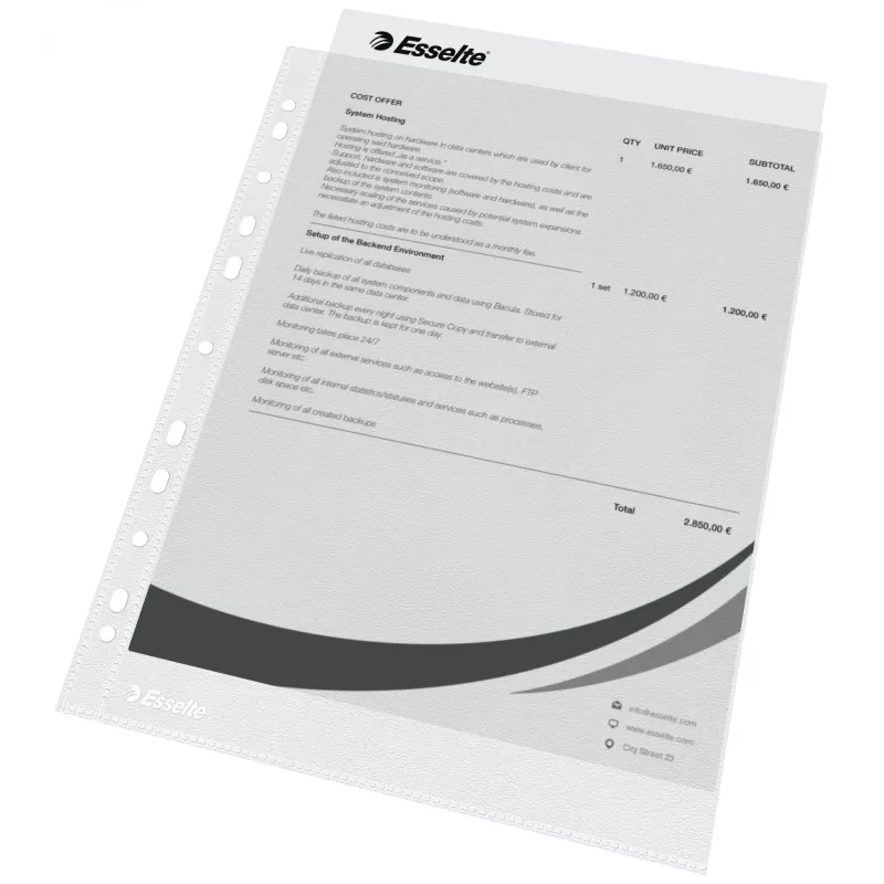 Esselte Klarsichthüllen A4 – Economy –, 210 x 297 mm (A4), Transparent, Polypropylen (PP), Hochformat, Oben, 230 mm