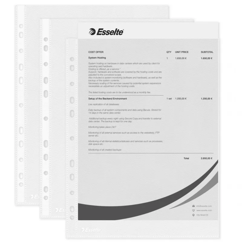 Esselte Klarsichthüllen A4 – Economy –, 210 x 297 mm (A4), Transparent, Polypropylen (PP), Hochformat, Oben, 230 mm