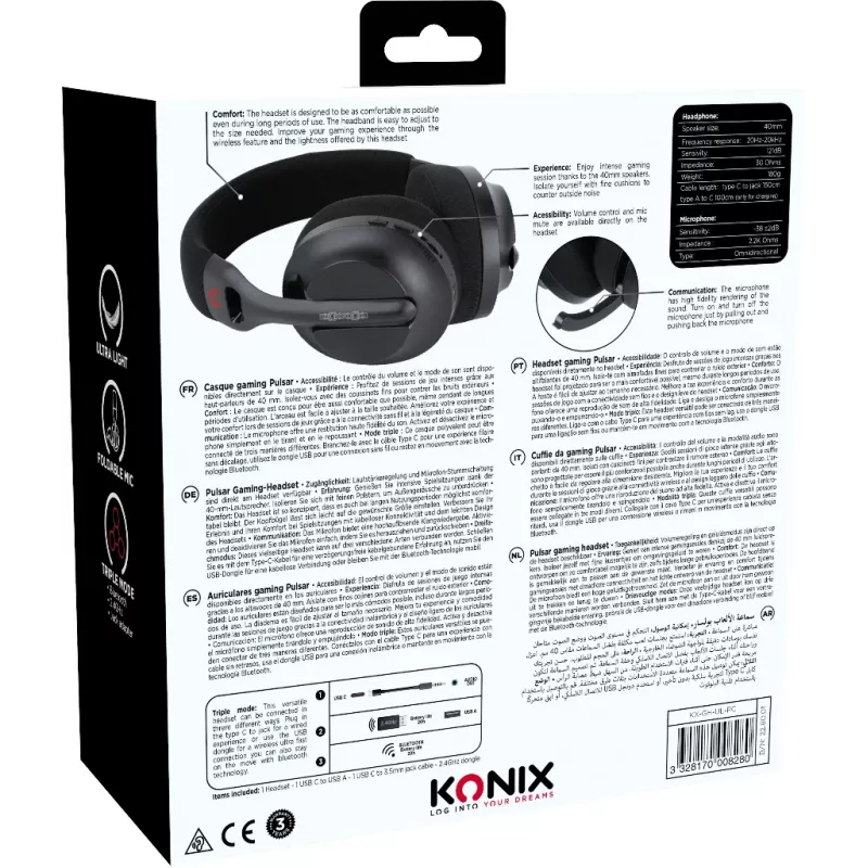 Konix PULSAR Headset Kabelgebunden & Kabellos Kopfbügel Gaming USB Typ-C Bluetooth Schwarz