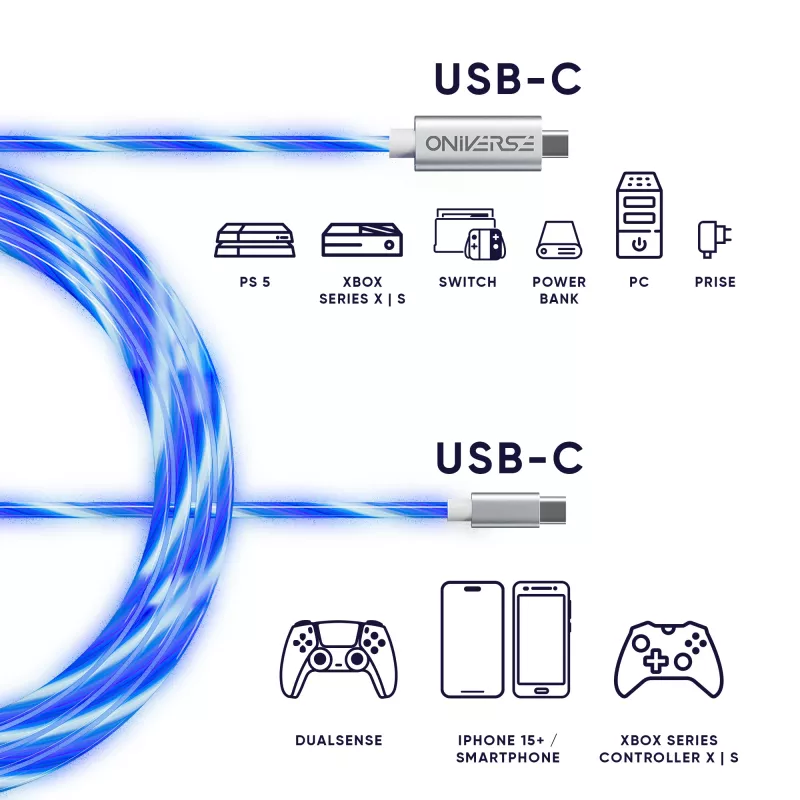 Oniverse USB-C auf USB-C Schnellladekabel – 2 Meter – LED (Multiplattform)