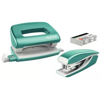 Leitz Stapler & Locher Set Mini WOW, 10 Blatt, Blau, Metallic, Pearl, P2, Metall, Kunststoff, 80 g/m², 3,5 cm