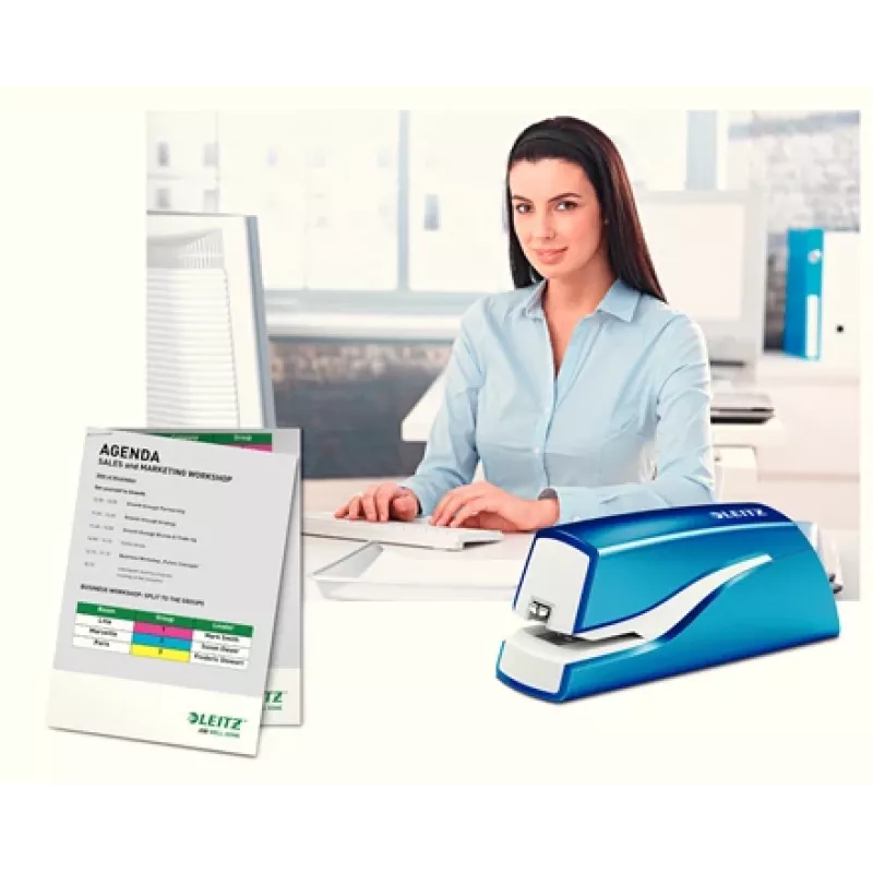 Leitz NeXXt Heftgerät batteriebetrieben WOW 5566, 10 Blatt, 1 cm, Kunststoff, Blau, Weiß, Batterie, 50 mm