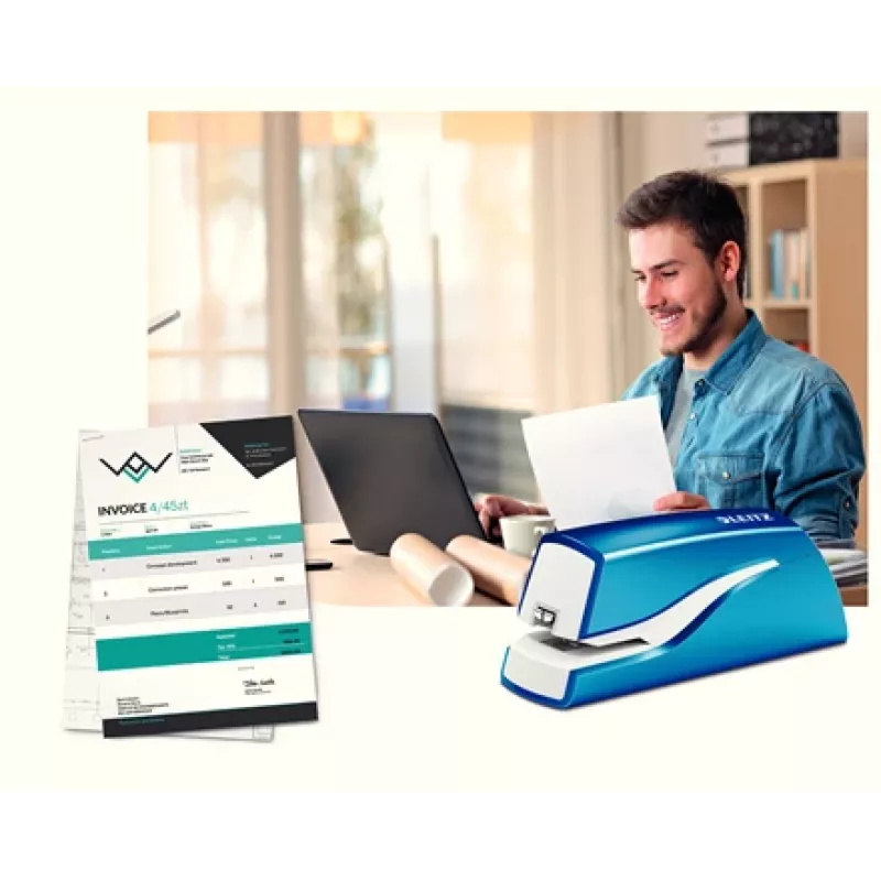 Leitz NeXXt Heftgerät batteriebetrieben WOW 5566, 10 Blatt, 1 cm, Kunststoff, Blau, Weiß, Batterie, 50 mm