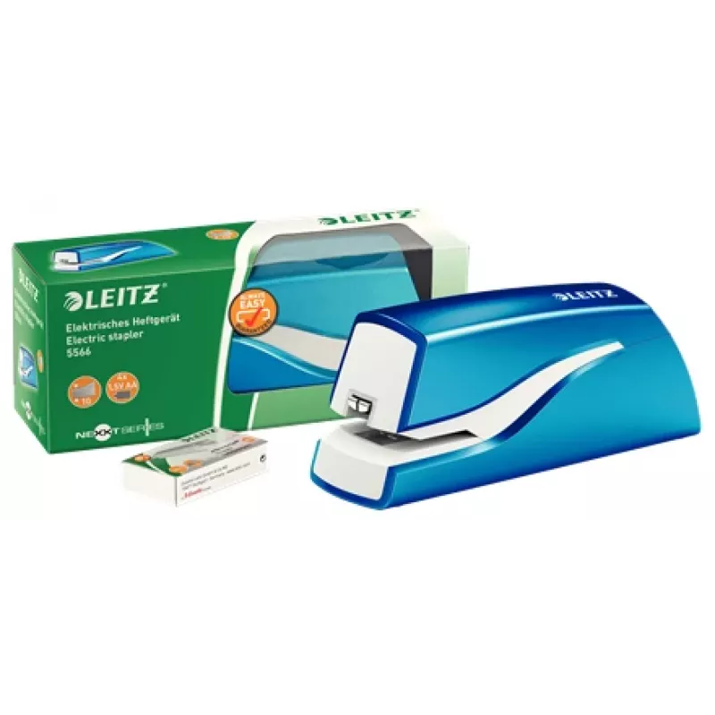 Leitz NeXXt Heftgerät batteriebetrieben WOW 5566, 10 Blatt, 1 cm, Kunststoff, Blau, Weiß, Batterie, 50 mm