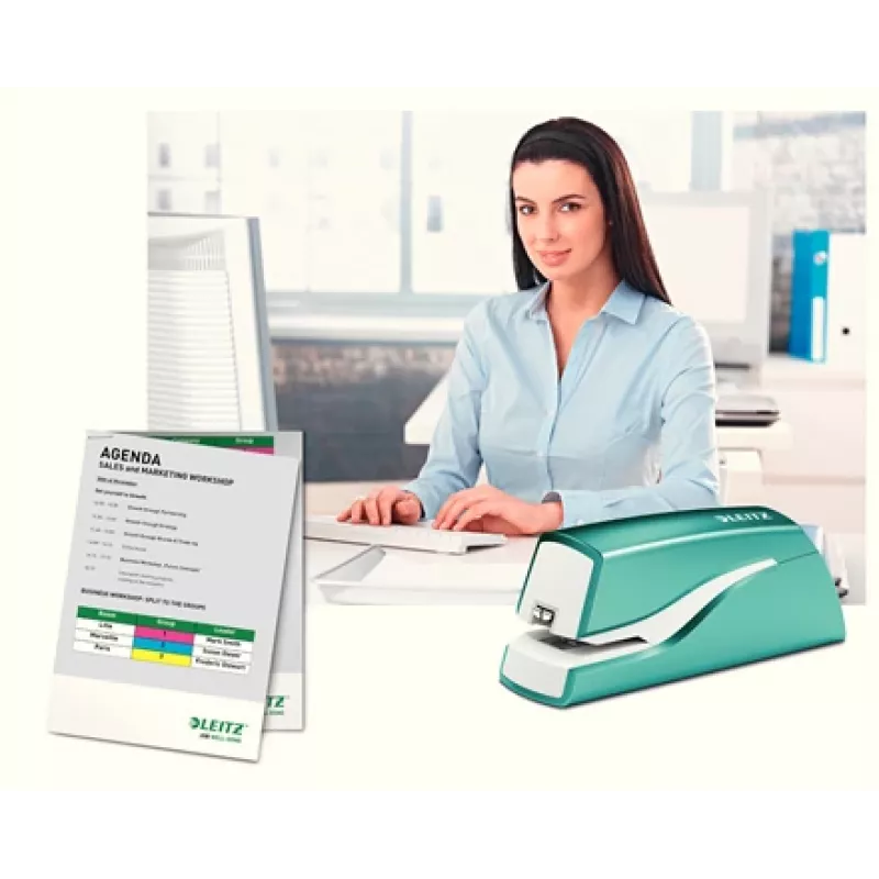 Leitz NeXXt Heftgerät batteriebetrieben WOW 5566, 10 Blatt, 1 cm, Kunststoff, Blau, Weiß, Batterie, 50 mm