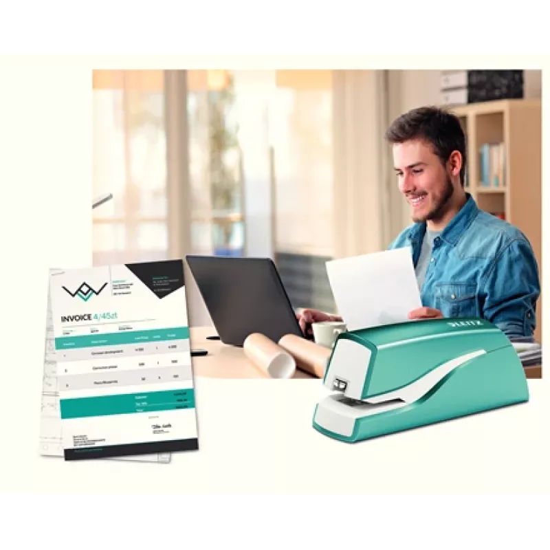 Leitz NeXXt Heftgerät batteriebetrieben WOW 5566, 10 Blatt, 1 cm, Kunststoff, Blau, Weiß, Batterie, 50 mm