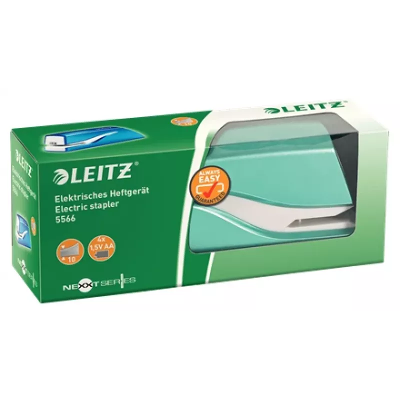 Leitz NeXXt Heftgerät batteriebetrieben WOW 5566, 10 Blatt, 1 cm, Kunststoff, Blau, Weiß, Batterie, 50 mm