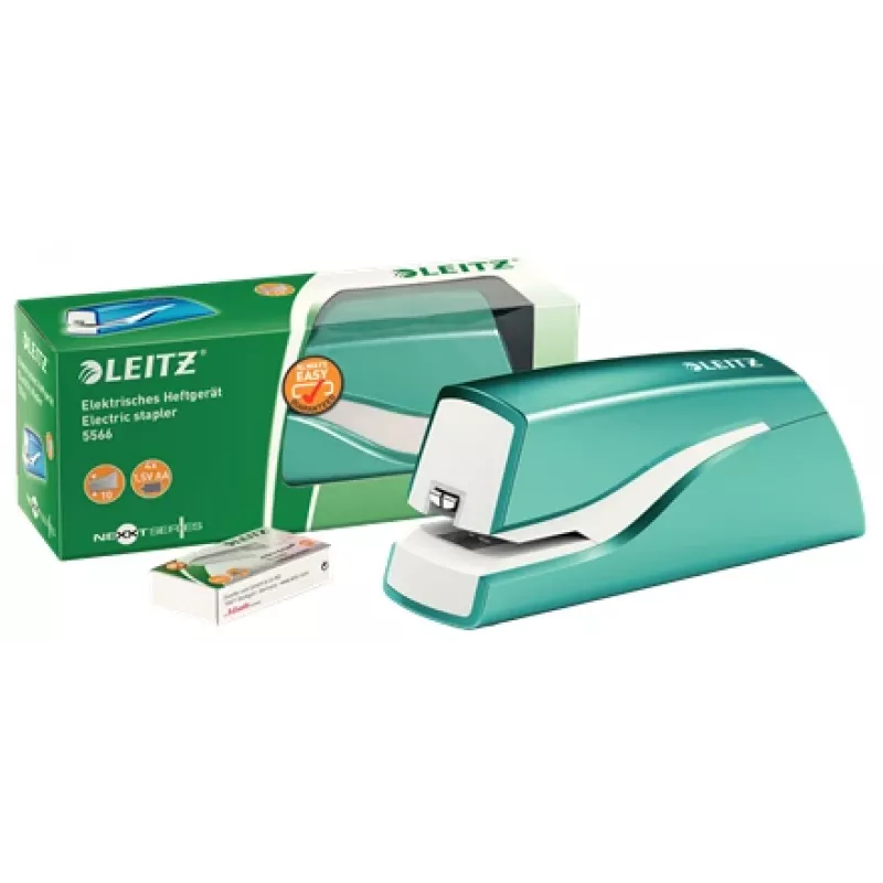 Leitz NeXXt Heftgerät batteriebetrieben WOW 5566, 10 Blatt, 1 cm, Kunststoff, Blau, Weiß, Batterie, 50 mm