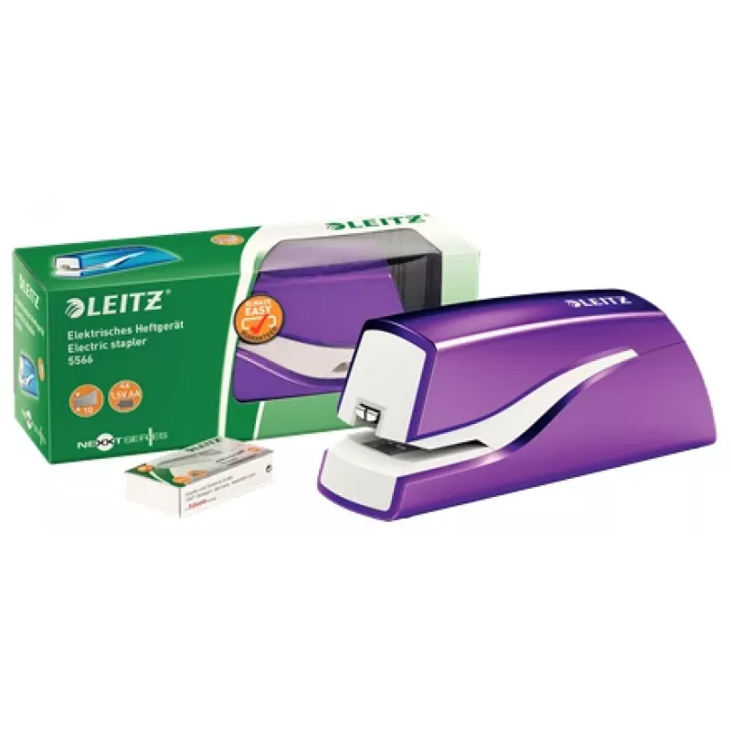 Leitz NeXXt Heftgerät batteriebetrieben WOW 5566, 10 Blatt, 1 cm, Kunststoff, Lila, Weiß, Batterie, 50 mm