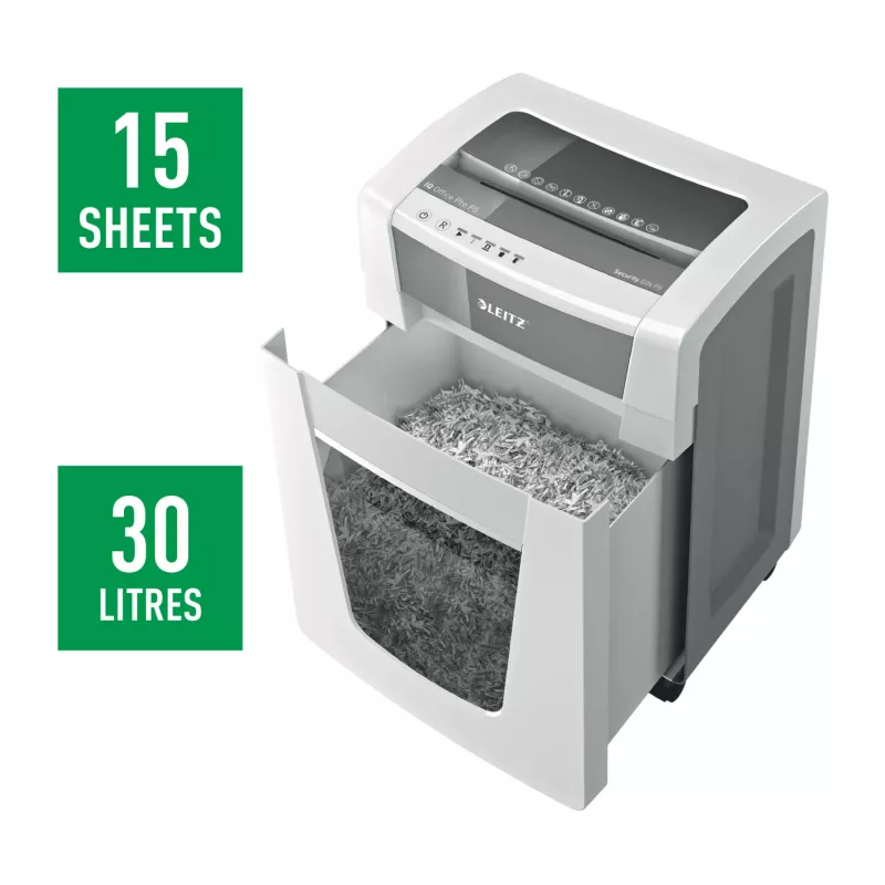 Leitz IQ Office Pro Aktenvernichter P5, Mikroschnitt, 23 cm, 2 x 15 mm, 30 l, 300 Blatt, 55 dB
