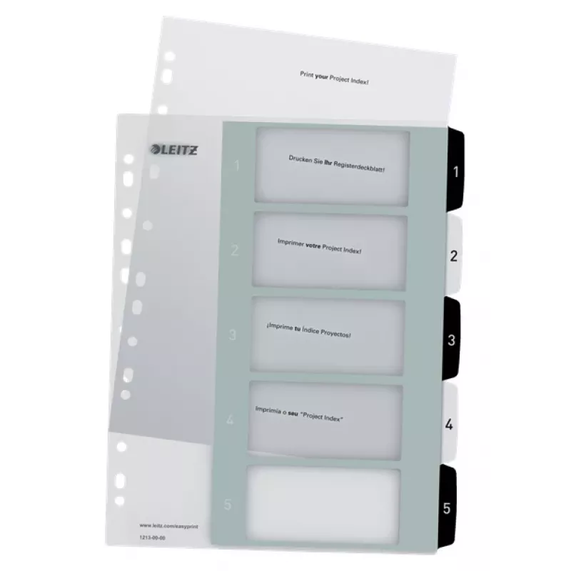 Leitz Indices Printable PP A4+ 1-5 WOW Weiß/Schwarz, Numerisches Register, Polypropylen (PP), Schwarz, Weiß, A4 Maxi, 245 mm, 305 mm
