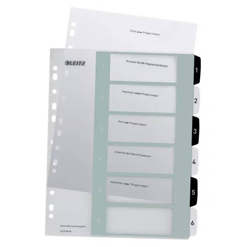 Leitz Indizes Printable PP A4+ 1-6 WOW Weiß/Schwarz, numerisches Tab-Register, Polypropylen (PP), Schwarz, Weiß, A4 Maxi, 245 mm, 305 mm