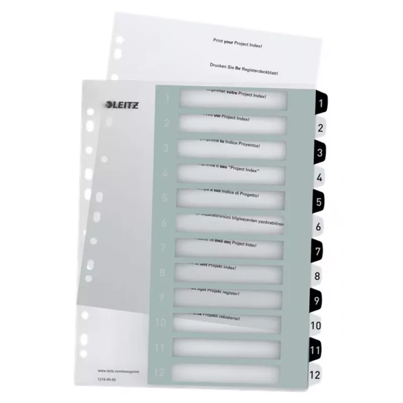 Leitz Indices Printable PP A4+ 1-12 WOW Weiß/Schwarz, Numerisches Tab-Register, Polypropylen (PP), Schwarz, Weiß, A4 Maxi, 245 mm, 305 mm