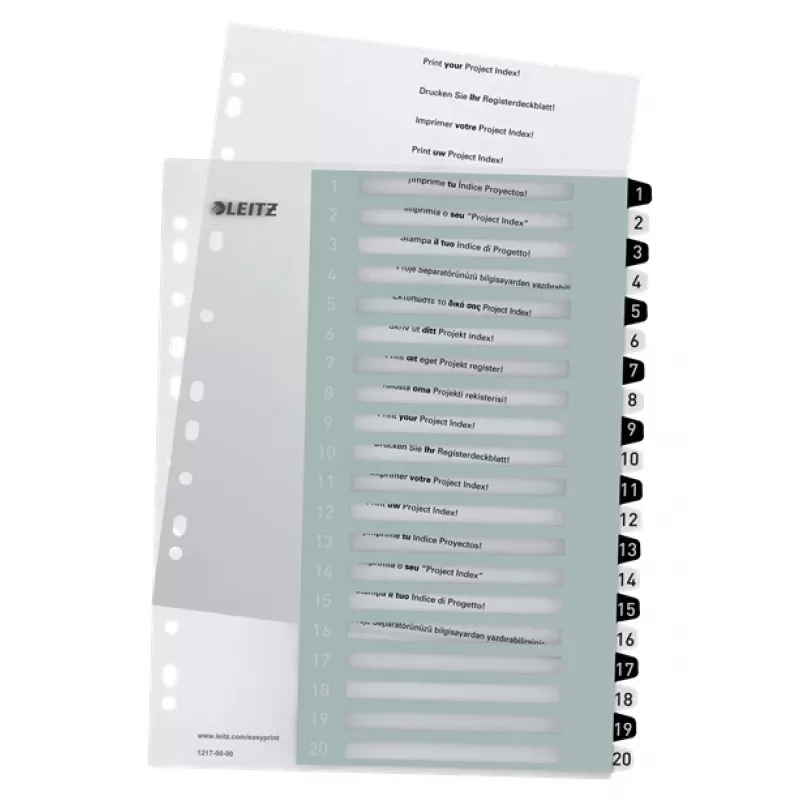 Leitz Indices Printable PP A4+ 1-20 WOW Weiß/Schwarz, Numerisches Tab-Register, Polypropylen (PP), Schwarz, Weiß, A4 Maxi, 245 mm, 305 mm