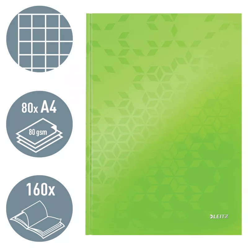 Leitz Notebook WOW A4 kariert mit Hardcover 90 g/m², 80 Blatt, Muster, Grün, A4, 80 Blatt, 80 g/m², kariertes Papier