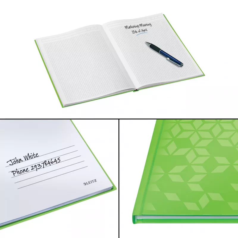 Leitz Notebook WOW A4 kariert mit Hardcover 90 g/m², 80 Blatt, Muster, Grün, A4, 80 Blatt, 80 g/m², kariertes Papier
