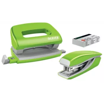 Leitz Stapler & Locher Set Mini WOW, 10 Blatt, Grün, P2, Metall, Kunststoff, 3,5 cm, 100 Heftklammern