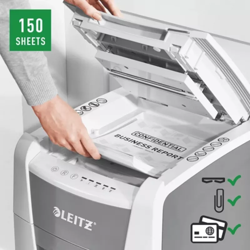 Leitz IQ Autofeed Office 150 Automatischer Papierschredder P5, Mikroschnitt, 22 cm, 2 x 15 mm, 44 L, 500 Blatt, 55 dB