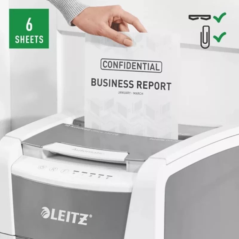 Leitz IQ Autofeed Office 150 Automatischer Papierschredder P5, Mikroschnitt, 22 cm, 2 x 15 mm, 44 L, 500 Blatt, 55 dB