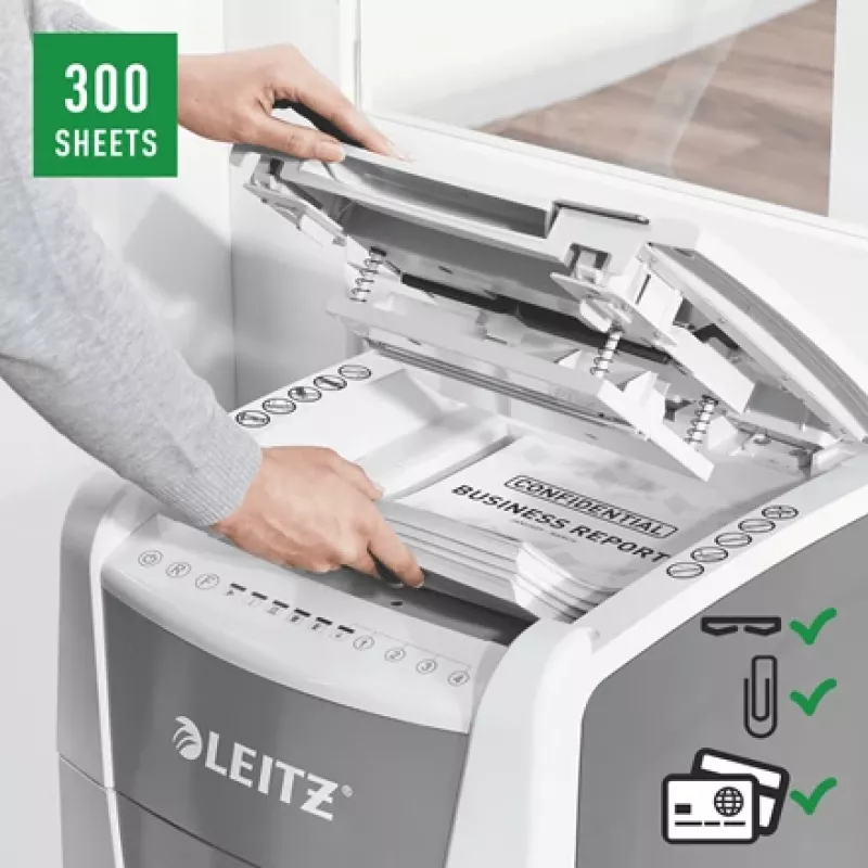 Leitz IQ Autofeed Office 300 Aktenvernichter P5, Mikroschnitt, 22 cm, 2 x 15 mm, 60 L, 700 Blatt, 55 dB