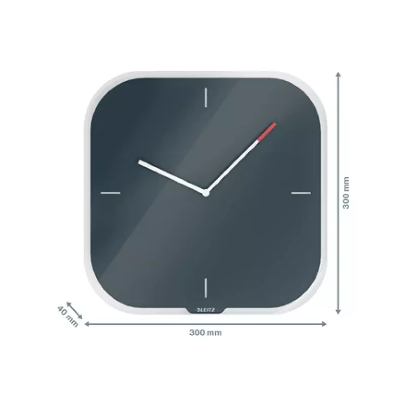 Leitz Cosy Silent Glas-Wanduhr, quadratisch, schwarz, 300 mm, 300 mm, 40 mm, 1,6 kg