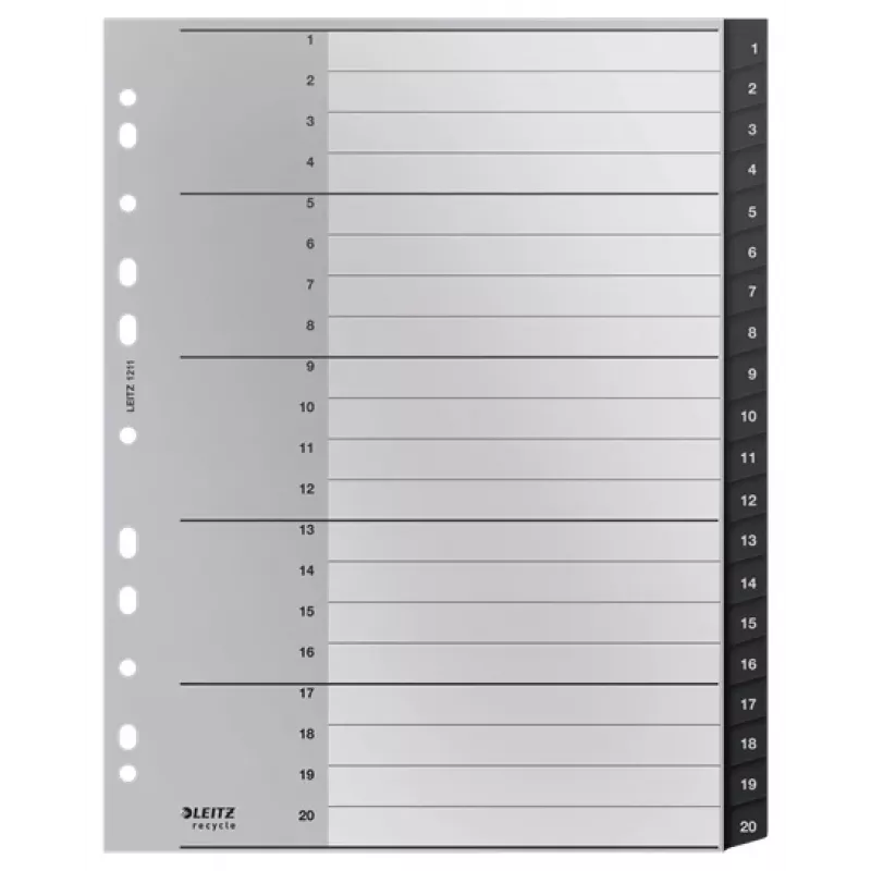 Leitz Recycle Index, PP, extrabreit, numerisches Tab-Register, Polypropylen (PP), Schwarz, Weiß, A4 Maxi, 160 g/m², 238 mm