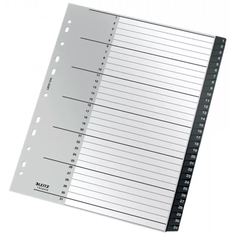 Leitz Recycle Index, PP, extrabreit, numerisches Tab-Register, Polypropylen (PP), Schwarz, Weiß, Hochformat, A4 Maxi, 160 g/m²