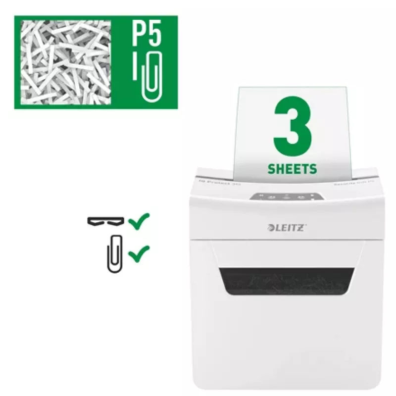 Leitz IQ Protect Premium Papierschredder 3M P5, Mikroschnitt, 2 x 15 mm, 10 L, 125 Blatt, 55 dB, Touch