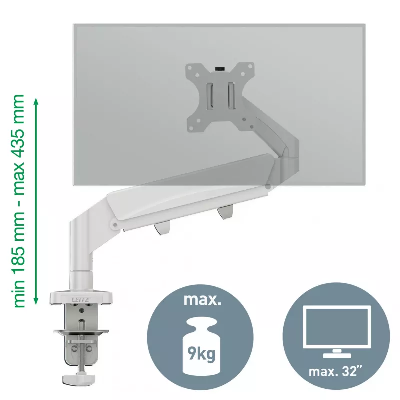 Leitz Ergo platzsparender Einzelmonitorarm, Klemme/Tischdurchführung, 9 kg, 43,2 cm (17 Zoll), 81,3 cm (32 Zoll), 100 x 100 mm, Grau