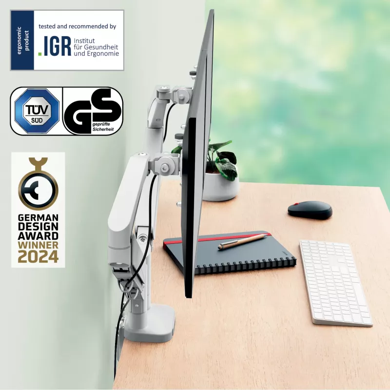 Leitz Ergo Space Saving Dual Monitor Arm, Clamp/Grommet, 18 kg, 43,2 cm (17 Zoll), 81.3 cm (32 Zoll), 100 x 100 mm, Grau