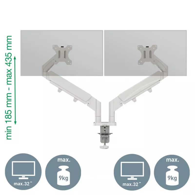 Leitz Ergo Space Saving Dual Monitor Arm, Clamp/Grommet, 18 kg, 43,2 cm (17 Zoll), 81.3 cm (32 Zoll), 100 x 100 mm, Grau