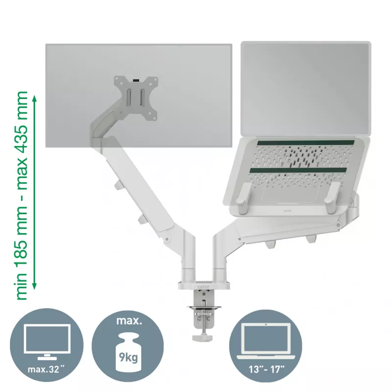 Leitz Ergo Space Saving Dual Monitor & Laptop Arm, Clamp/Grommet, 9 kg, 33 cm (13 Zoll), 81,3 cm (32 Zoll), 100 x 100 mm, Grau