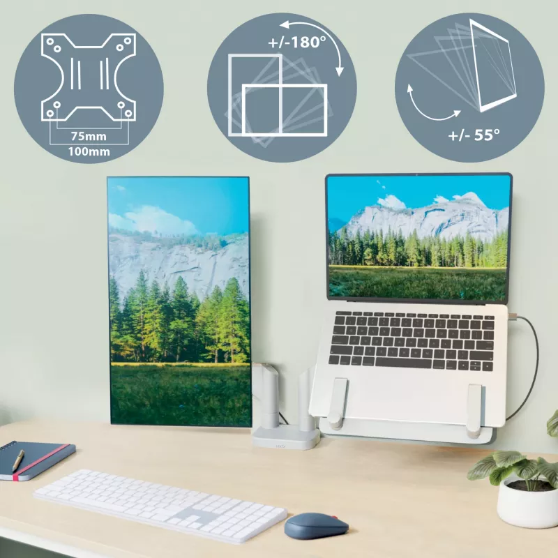 Leitz Ergo Space Saving Dual Monitor & Laptop Arm, Clamp/Grommet, 9 kg, 33 cm (13 Zoll), 81,3 cm (32 Zoll), 100 x 100 mm, Grau