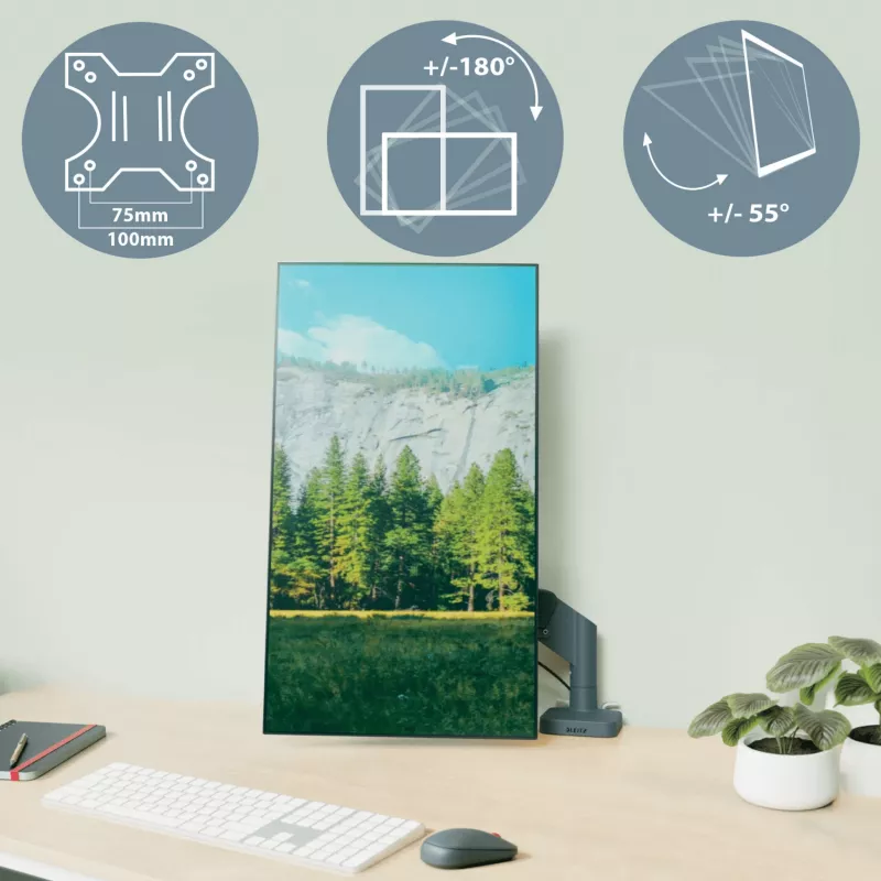 Leitz Ergo Platzsparender Dual-Monitor- & Laptop-Arm, Klemme/Tischdurchführung, 18 kg, 43,2 cm (17 Zoll), 81,3 cm (32 Zoll), 100 x 100 mm, Dunkelgrau