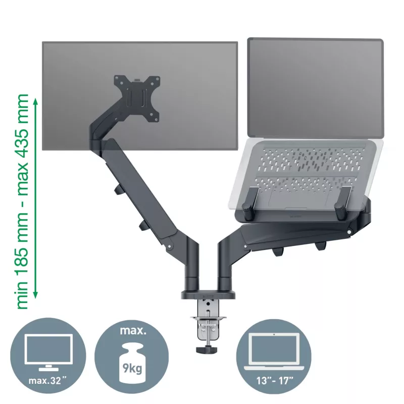 Leitz Ergo Platzsparender Dual-Monitor- & Laptop-Arm, Klemme/Tischdurchführung, 18 kg, 43,2 cm (17 Zoll), 81,3 cm (32 Zoll), 100 x 100 mm, Dunkelgrau