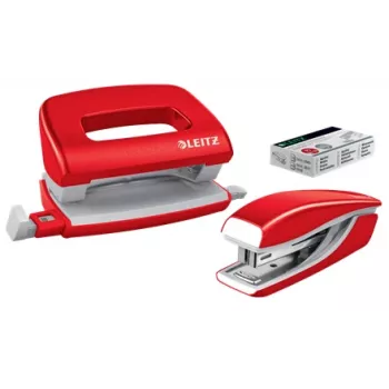 Leitz Heftgerät & Locher Set Mini WOW, 10 Blatt, Rot, P2, Metall, 80 g/m², 3,5 cm
