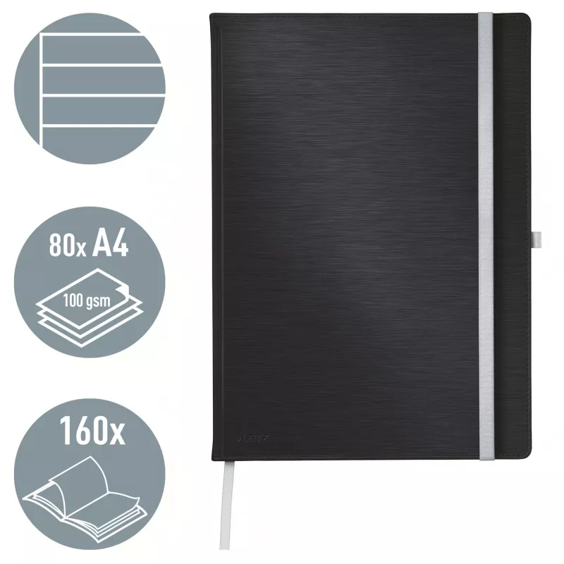 Leitz Style Notizbuch A4 liniert mit Hardcover, Monochrom, Schwarz, A4, 80 Blatt, 100 g/m², liniertes Papier
