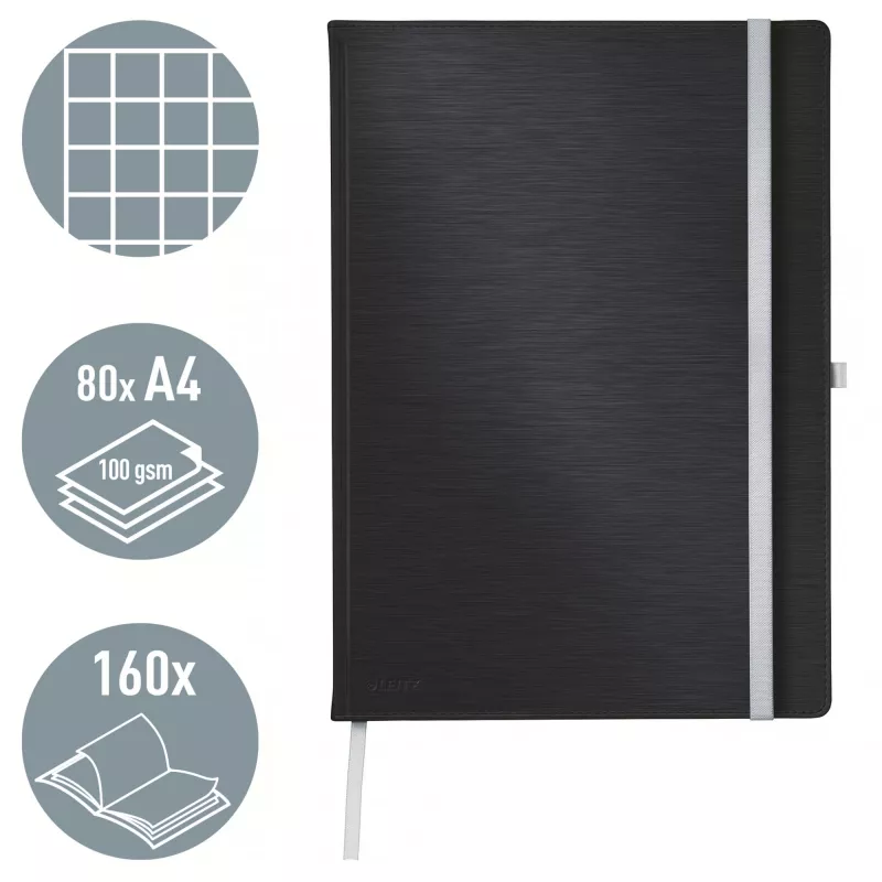 Leitz Style Notizbuch A4 kariert mit Hardcover, Monochromatisch, Schwarz, A4, 80 Blatt, 100 g/m², kariertes Papier