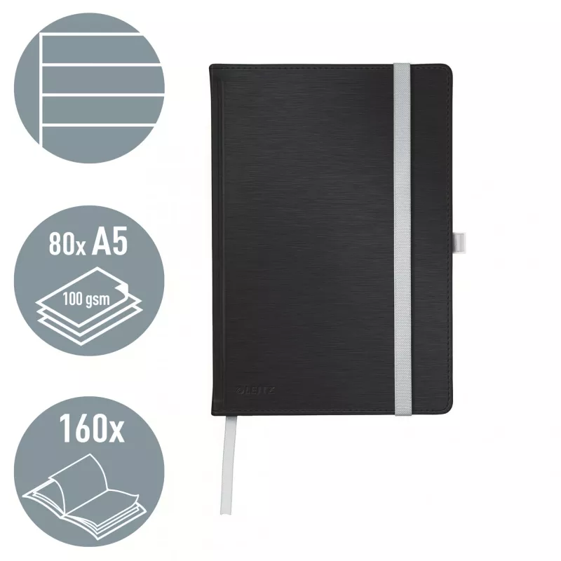 Leitz Style Notizbuch A5 liniert mit Hardcover, Einfarbig, Schwarz, A5, 80 Blatt, 100 g/m², Liniertes Papier
