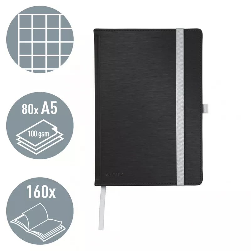 Leitz Style Notizbuch A5 kariert mit Hardcover, Monochrom, Schwarz, A5, 80 Blatt, 100 g/m², kariertes Papier